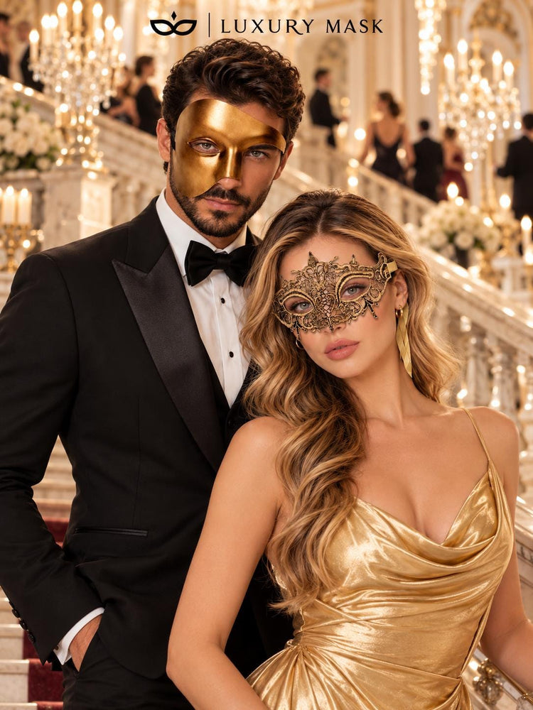 Gold Phantom Venetian Mask for Men with Gold Crown Lace Mask for Women | Venetian His and Hers Masquerade Set - image 3