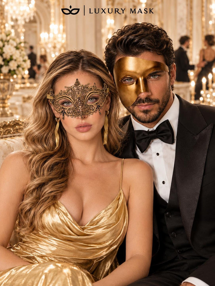 Gold Phantom Venetian Mask for Men with Gold Crown Lace Mask for Women | Venetian His and Hers Masquerade Set - image 5