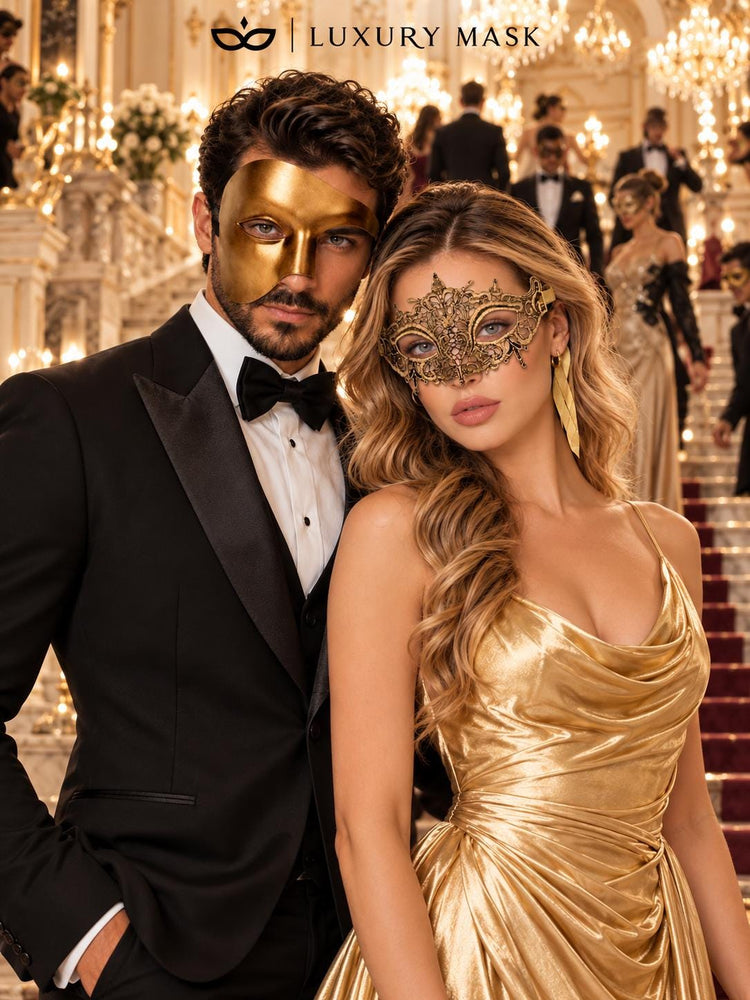 Gold Phantom Venetian Mask for Men with Gold Crown Lace Mask for Women | Venetian His and Hers Masquerade Set - image 4