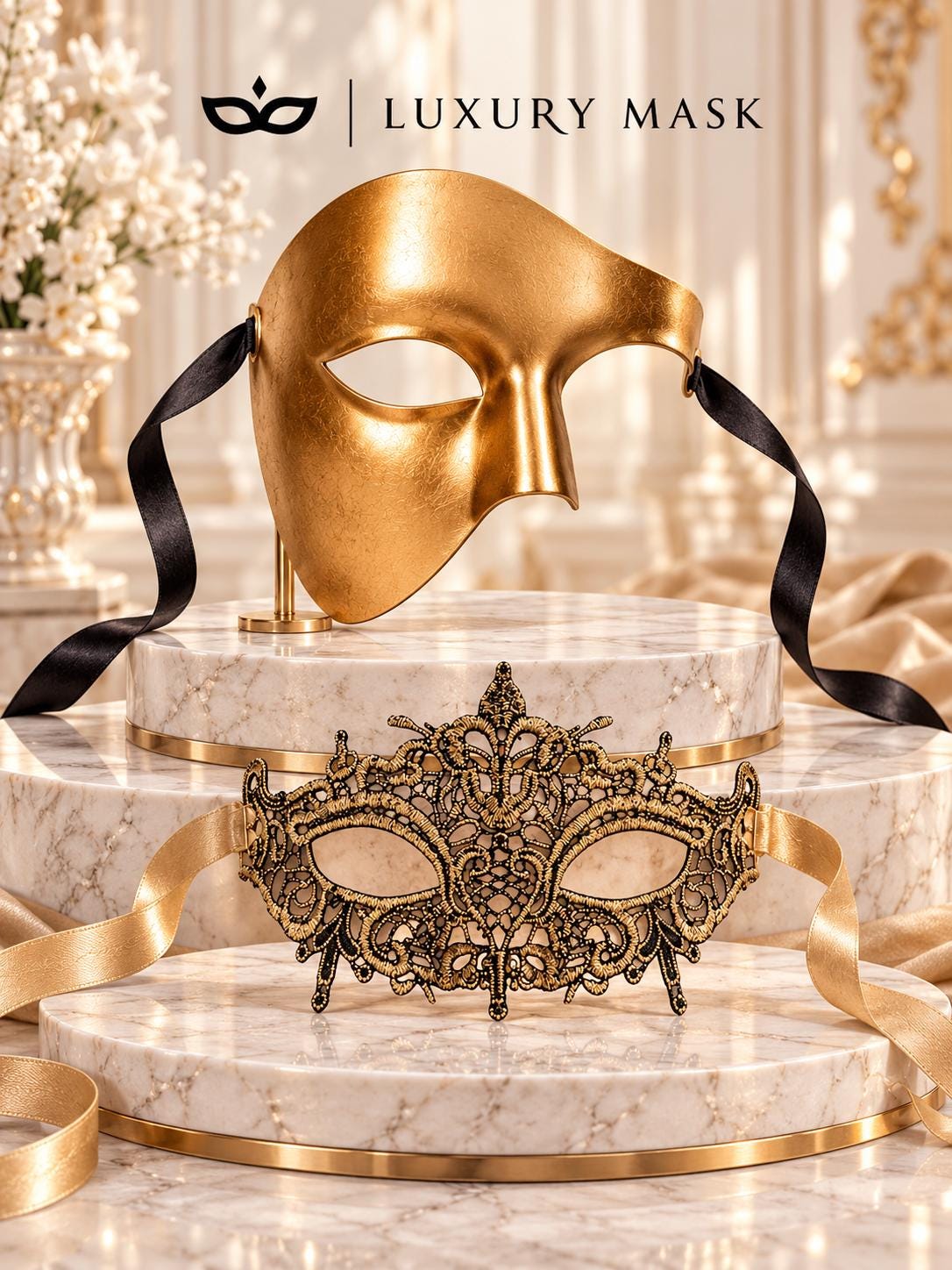 Gold Phantom Venetian Mask for Men with Gold Crown Lace Mask for Women | Venetian His and Hers Masquerade Set - image 6