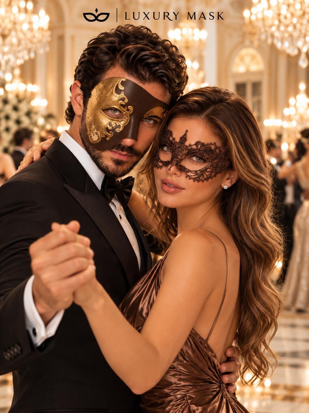 Mocha Brown & Gold Phantom Mask for Men with Mocha Brown Lace Mask for Women | Venetian Couples Masquerade Set - image 5