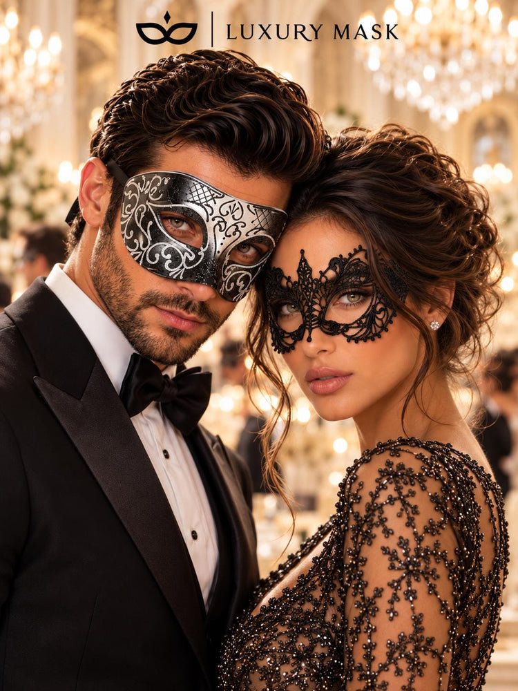 Black & Silver matching masquerade masks for couples, men’s Venetian and women’s lace eye masks – view 2