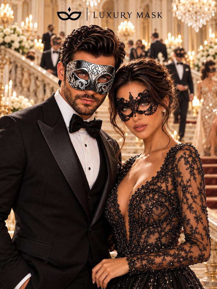 Black & Silver matching masquerade masks for couples, men’s Venetian and women’s lace eye masks – view 4