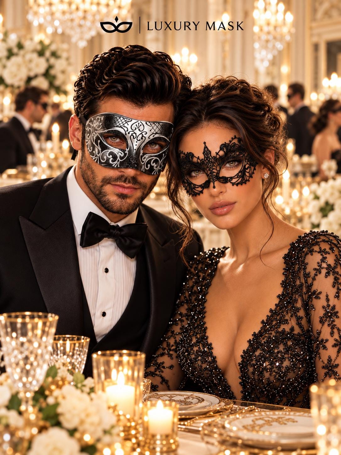 Black & Silver matching masquerade masks for couples, men’s Venetian and women’s lace eye masks – view 5