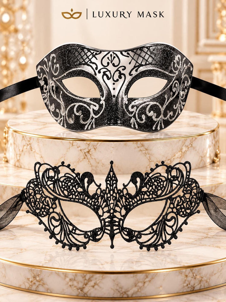 Black & Silver matching masquerade masks for couples, men’s Venetian and women’s lace eye masks – view 6