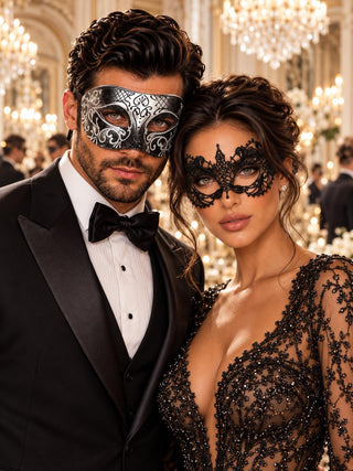 Black & Silver matching masquerade masks for couples, men’s Venetian and women’s lace eye masks – view 1