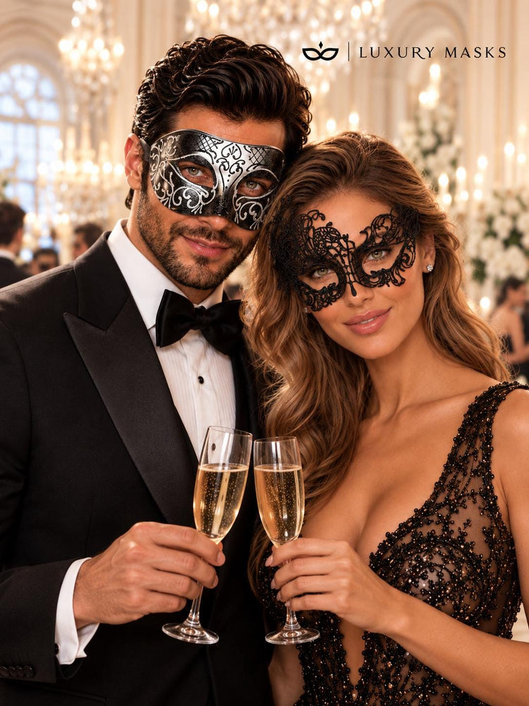 Black & Silver matching masquerade masks for couples, men’s Venetian and women’s lace eye masks – view 4