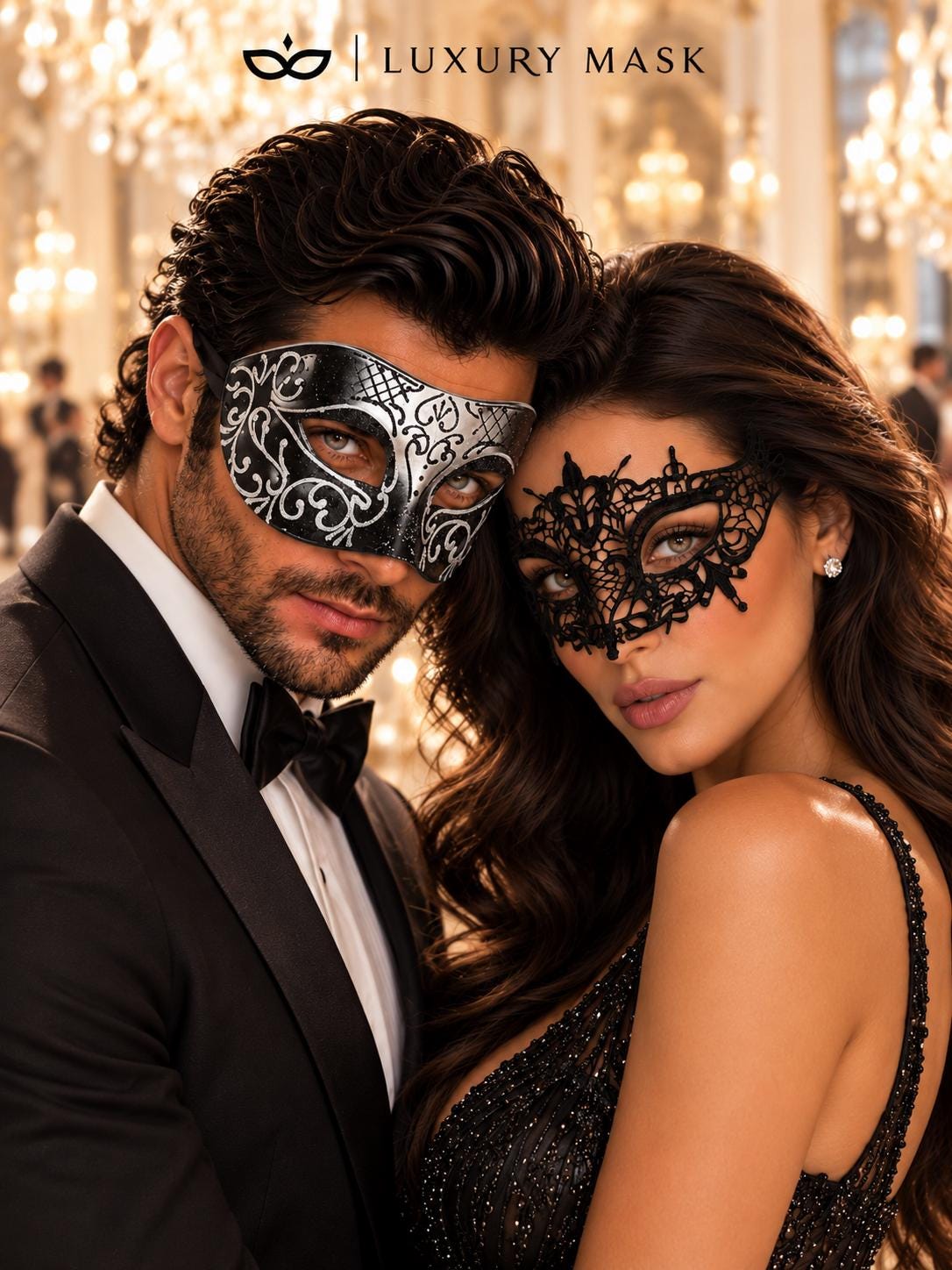 Black & Silver matching masquerade masks for couples, men’s Venetian and women’s lace eye masks – view 3