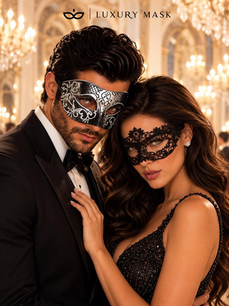 Black & Silver matching masquerade masks for couples, men’s Venetian and women’s lace eye masks – view 2
