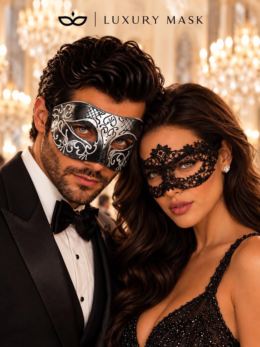 Black & Silver matching masquerade masks for couples, men’s Venetian and women’s lace eye masks – view 4