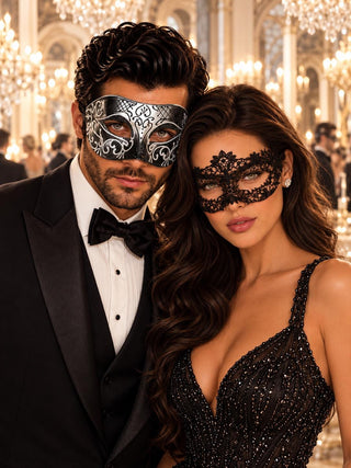 Black & Silver matching masquerade masks for couples, men’s Venetian and women’s lace eye masks – view 1