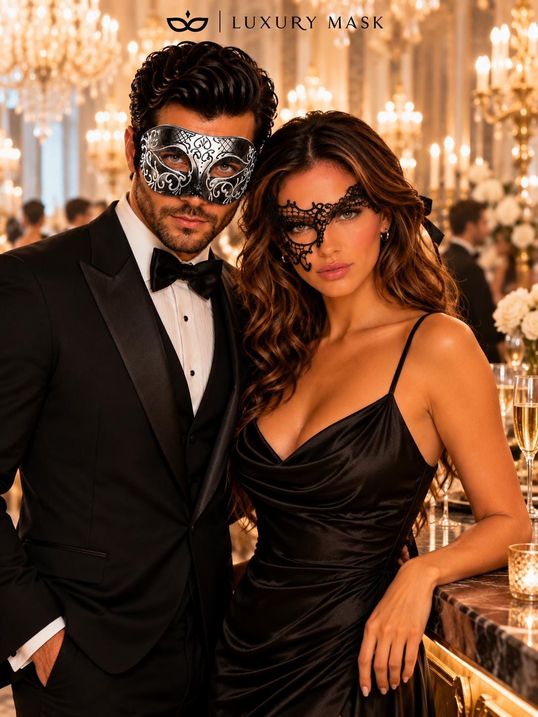 Black & Silver matching masquerade masks for couples, men’s Venetian and women’s lace eye masks – view 4