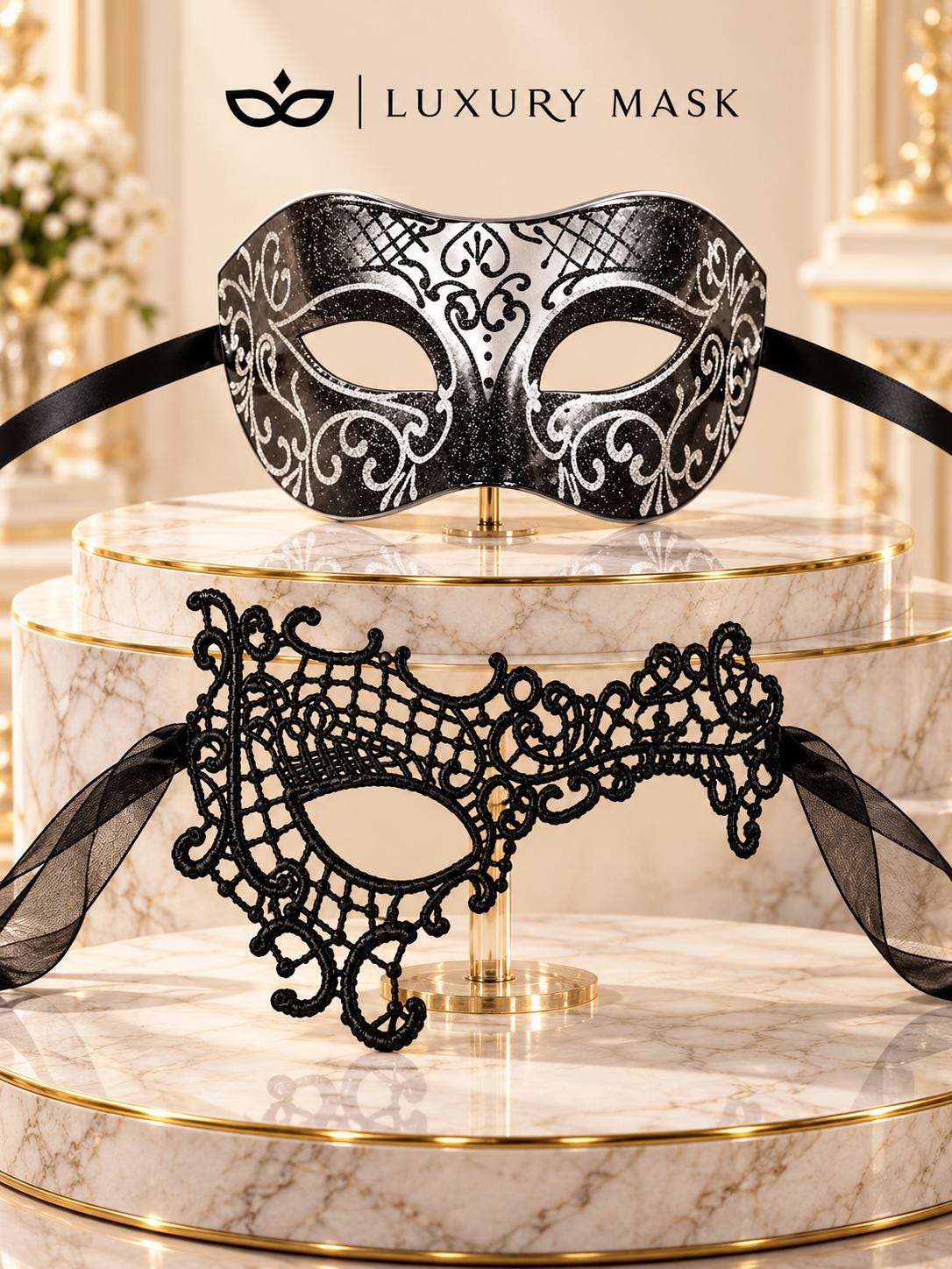 Black & Silver matching masquerade masks for couples, men’s Venetian and women’s lace eye masks – view 6