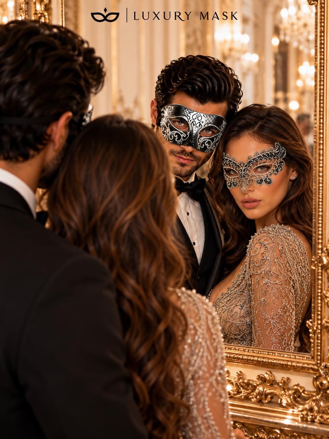 Black & Silver matching masquerade masks for couples, men’s Venetian and women’s lace eye masks – view 3