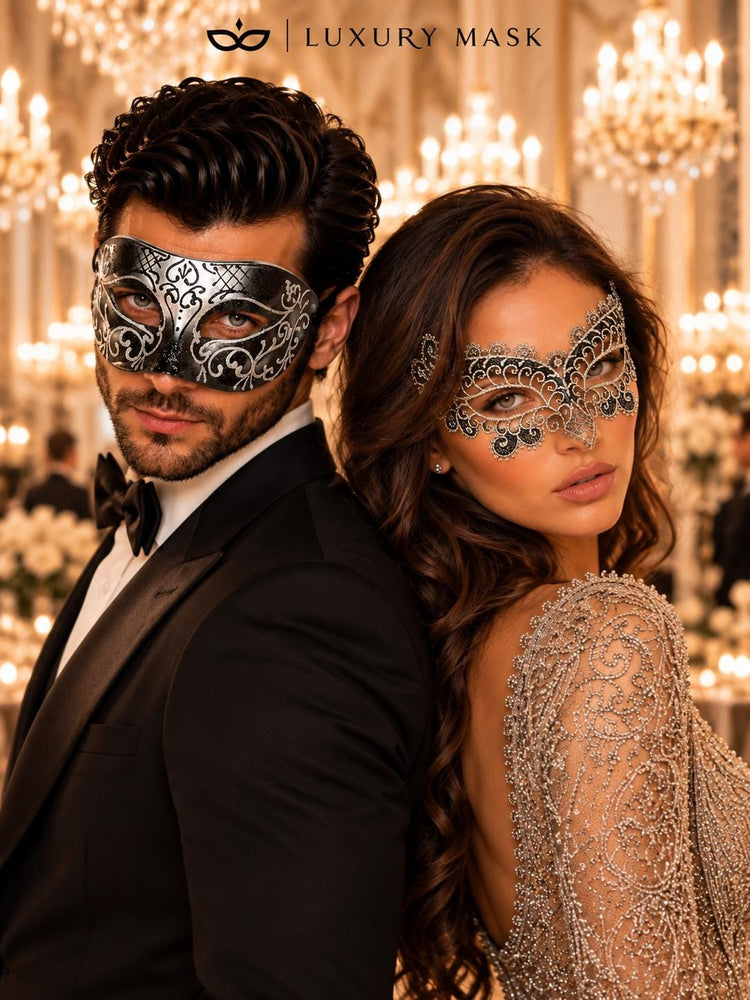 Black & Silver matching masquerade masks for couples, men’s Venetian and women’s lace eye masks – view 4