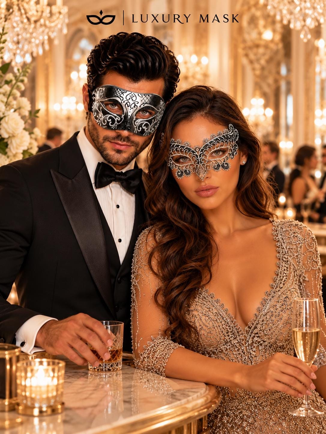Black & Silver matching masquerade masks for couples, men’s Venetian and women’s lace eye masks – view 5