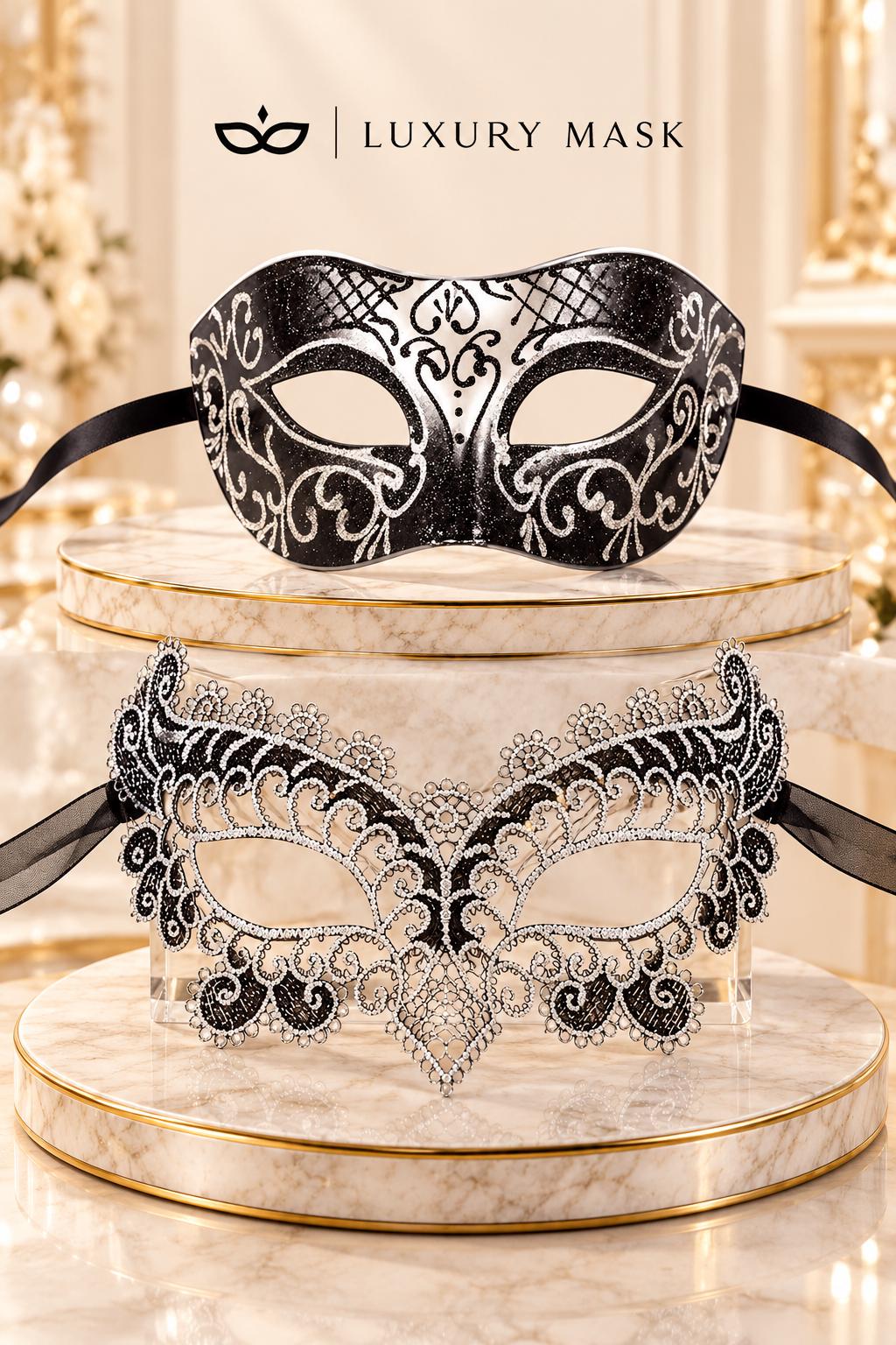 Black & Silver matching masquerade masks for couples, men’s Venetian and women’s lace eye masks – view 6