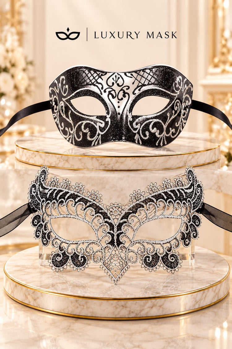 Black & Silver matching masquerade masks for couples, men’s Venetian and women’s lace eye masks – view 6