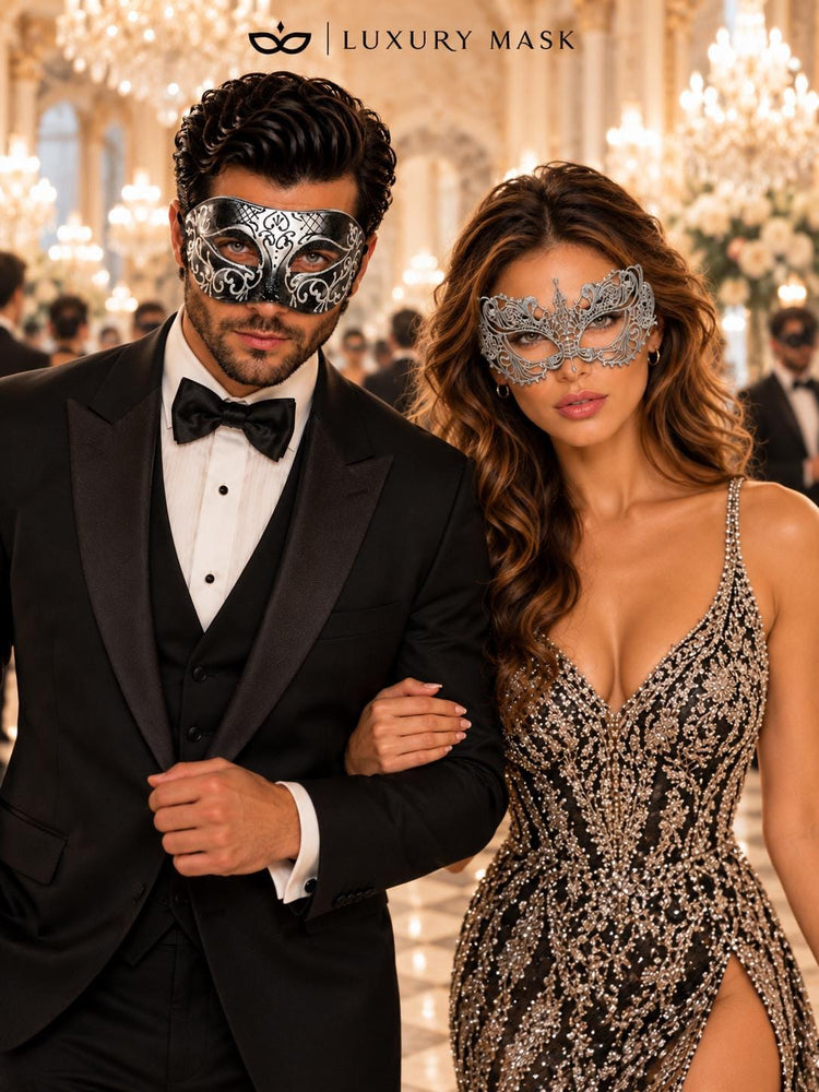 Black & Silver matching masquerade masks for couples, men’s Venetian and women’s lace eye masks – view 2