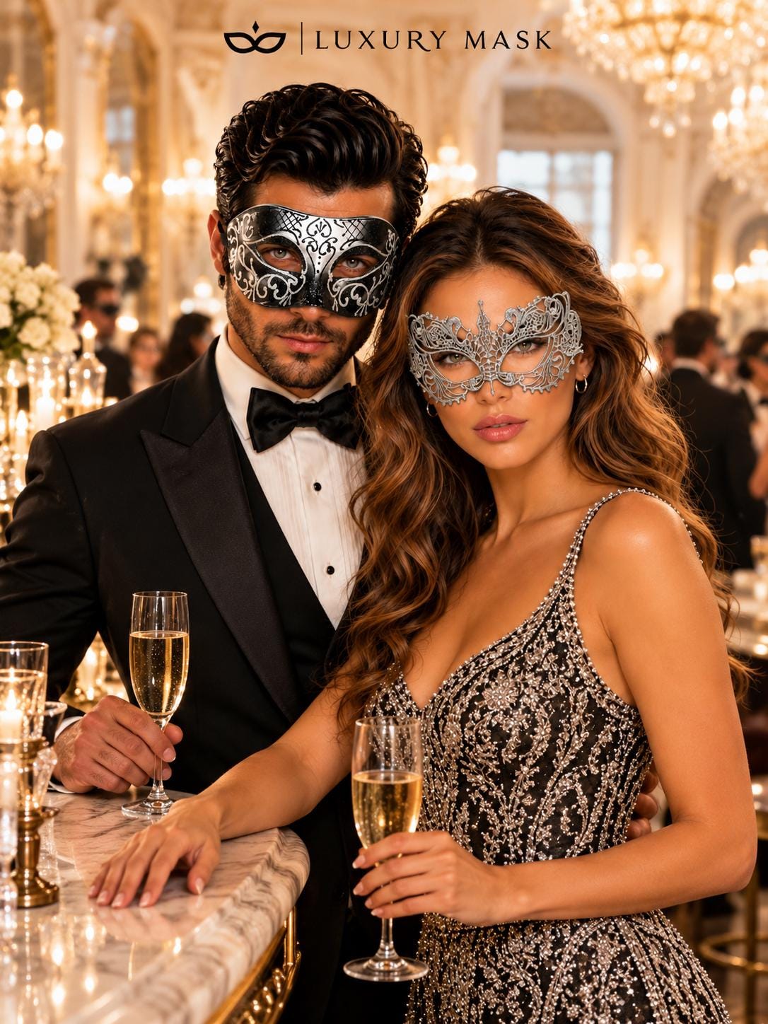 Black & Silver matching masquerade masks for couples, men’s Venetian and women’s lace eye masks – view 3