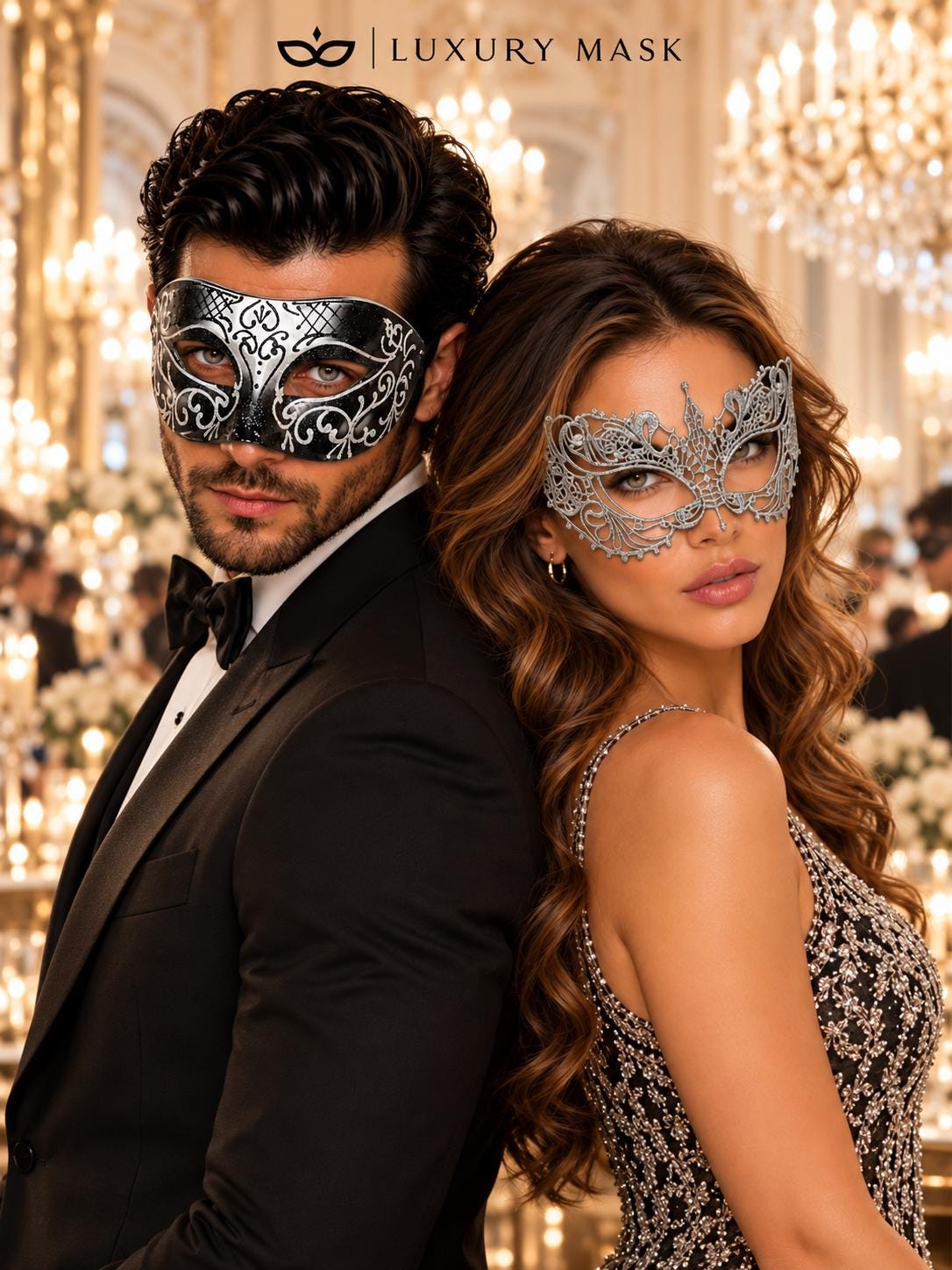 Black & Silver matching masquerade masks for couples, men’s Venetian and women’s lace eye masks – view 4