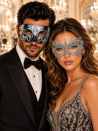 Black & Silver matching masquerade masks for couples, men’s Venetian and women’s lace eye masks – view 1