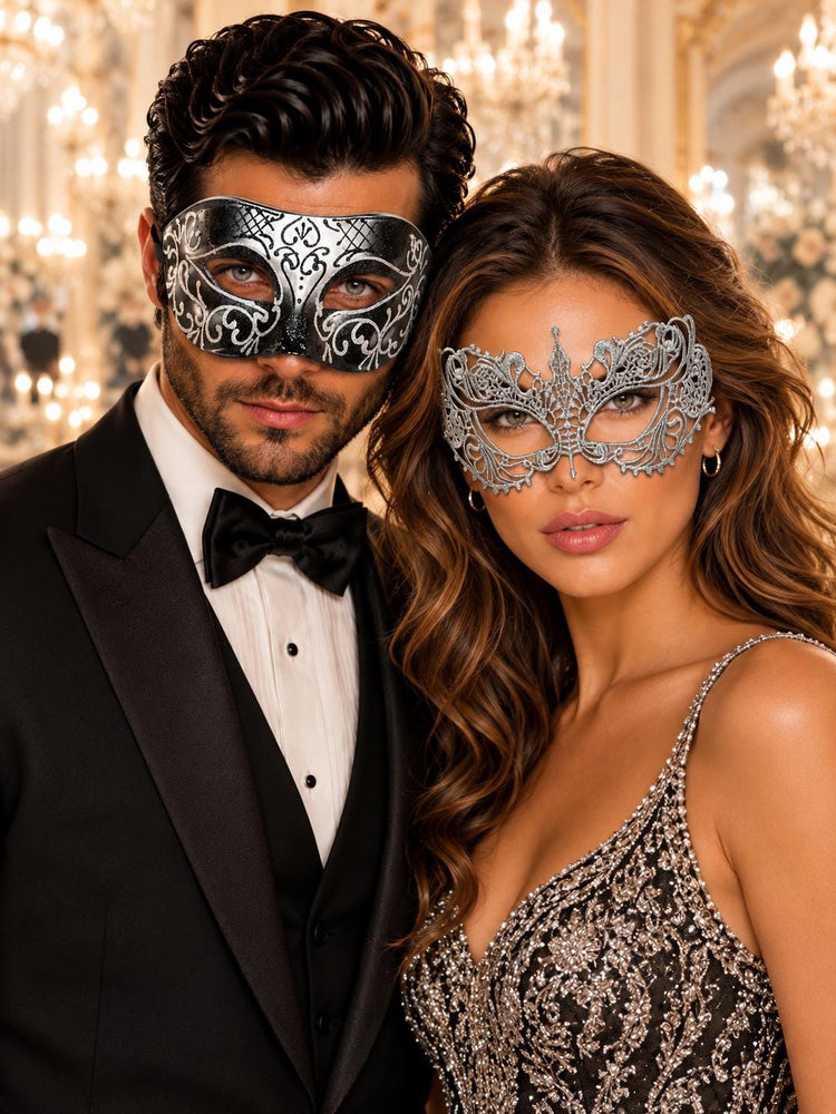 Black & Silver matching masquerade masks for couples, men’s Venetian and women’s lace eye masks – view 1