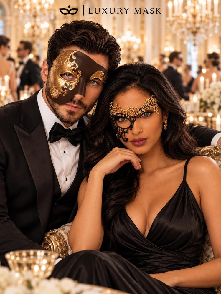 Mocha Brown Gold Phantom Mask for Men & Black Gold Phantom Lace Mask for Women | Venetian Opera Masquerade Couple Set - image 5