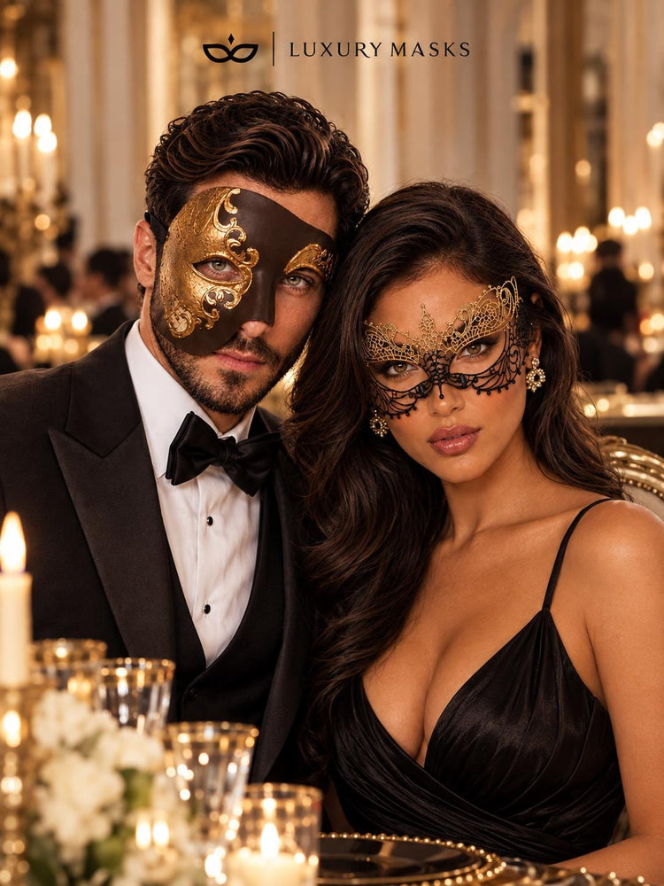Mocha Brown Gold Opera Mask for Men with Black Gold Lace Mask for Women | Phantom Venetian His and Hers Masquerade Set - image 4