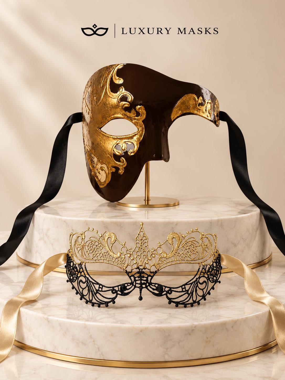 Mocha Brown Gold Opera Mask for Men with Black Gold Lace Mask for Women | Phantom Venetian His and Hers Masquerade Set - image 6