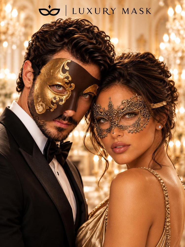 Mocha Brown Gold Phantom Mask for Men & Gold Lace Mask for Women | Venetian Opera His and Hers Masquerade Masks - image 4