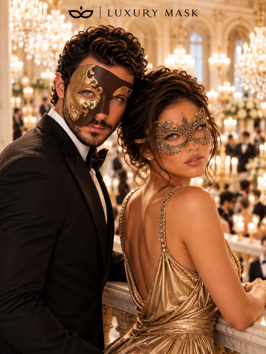 Mocha Brown Gold Phantom Mask for Men & Gold Lace Mask for Women | Venetian Opera His and Hers Masquerade Masks - image 5