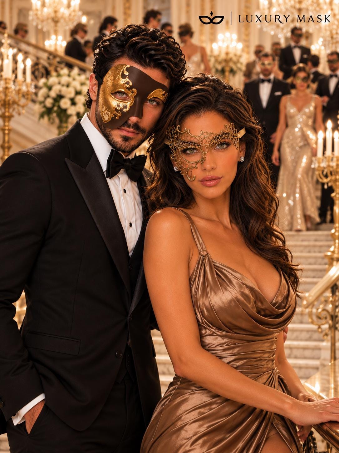 Mocha Brown Gold Phantom Mask for Men & Gold Phantom Lace Mask for Women | Opera Venetian Couples Masquerade Set - image 4