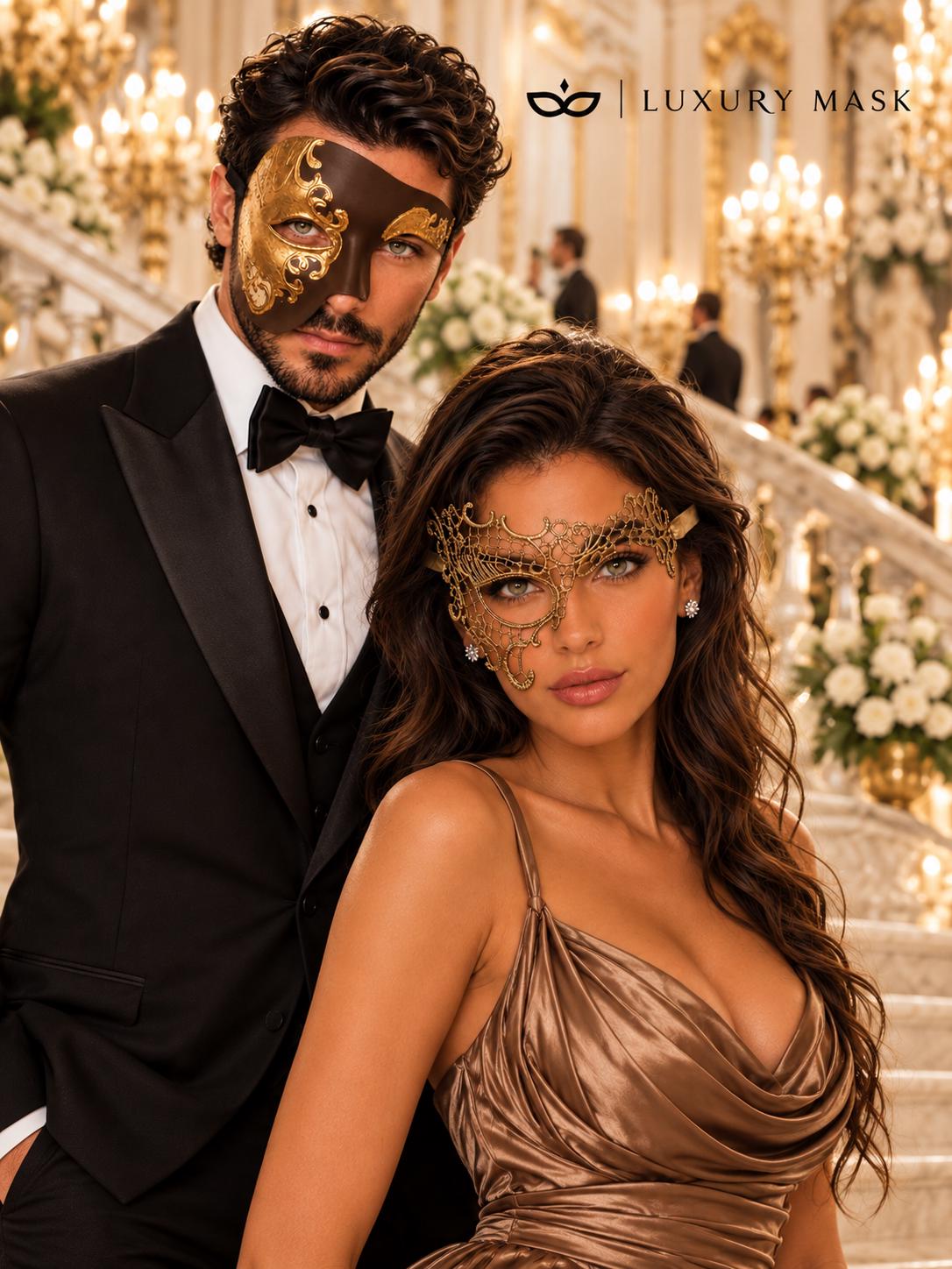 Mocha Brown Gold Phantom Mask for Men & Gold Phantom Lace Mask for Women | Opera Venetian Couples Masquerade Set - image 5