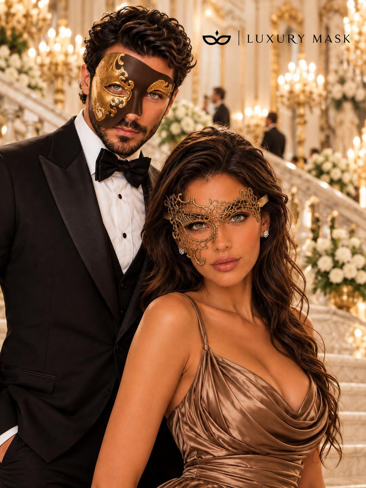 Mocha Brown Gold Phantom Mask for Men & Gold Phantom Lace Mask for Women | Opera Venetian Couples Masquerade Set - image 5