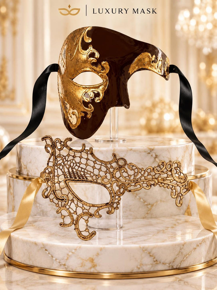 Mocha Brown Gold Phantom Mask for Men & Gold Phantom Lace Mask for Women | Opera Venetian Couples Masquerade Set - image 6