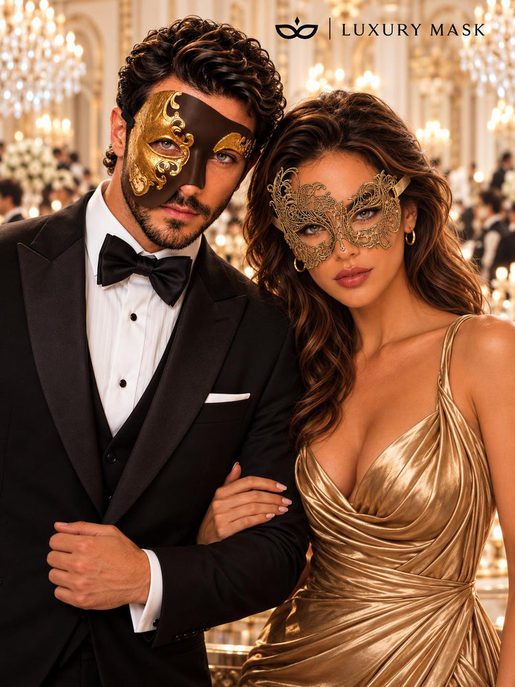 Gold Swan Lace Mask for Women & Mocha Brown Gold Phantom Mask for Men | Venetian Masquerade His and Hers Couple Set - image 2