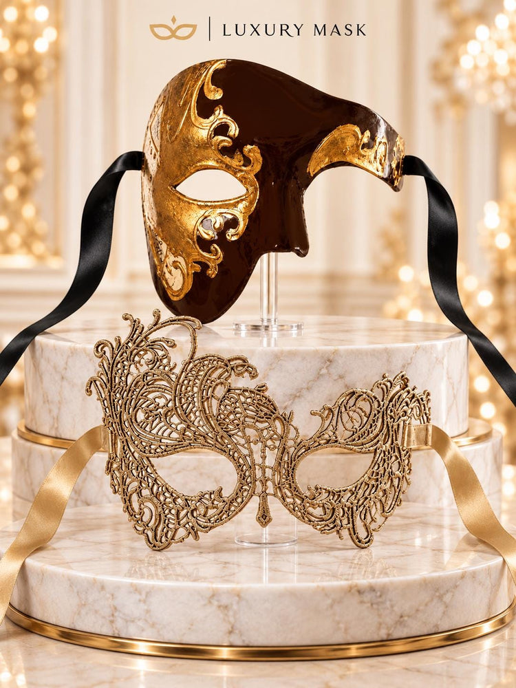 Gold Swan Lace Mask for Women & Mocha Brown Gold Phantom Mask for Men | Venetian Masquerade His and Hers Couple Set - image 6
