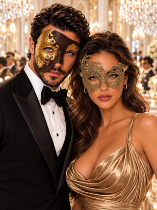 Gold Swan Lace Mask for Women & Mocha Brown Gold Phantom Mask for Men | Venetian Masquerade His and Hers Couple Set - main image