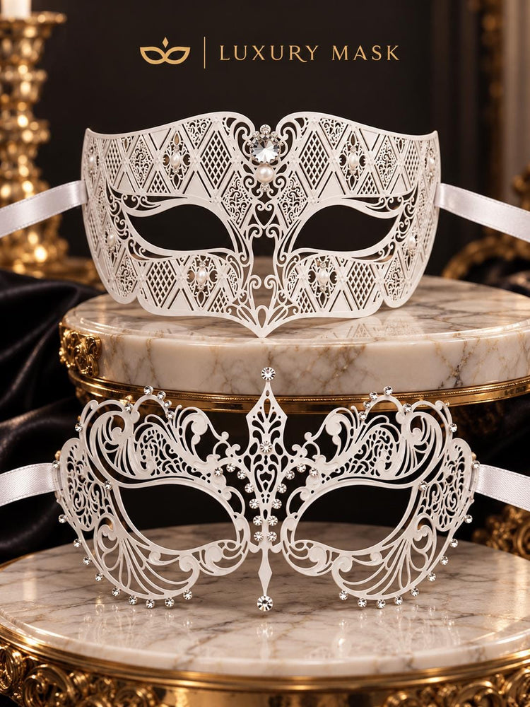 White Clear Stone Diamond Mask for Men & White Rhinestone Metal Mask for Women | Laser Cut Venetian His and Hers Masquerade Set - image 7