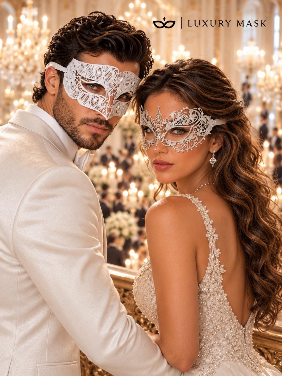 White Clear Stone Diamond Mask for Men & White Rhinestone Metal Mask for Women | Laser Cut Venetian His and Hers Masquerade Set - image 3