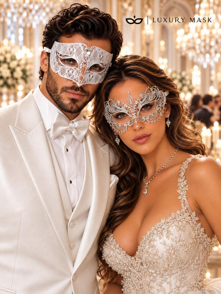 White Clear Stone Diamond Mask for Men & White Rhinestone Metal Mask for Women | Laser Cut Venetian His and Hers Masquerade Set - image 5