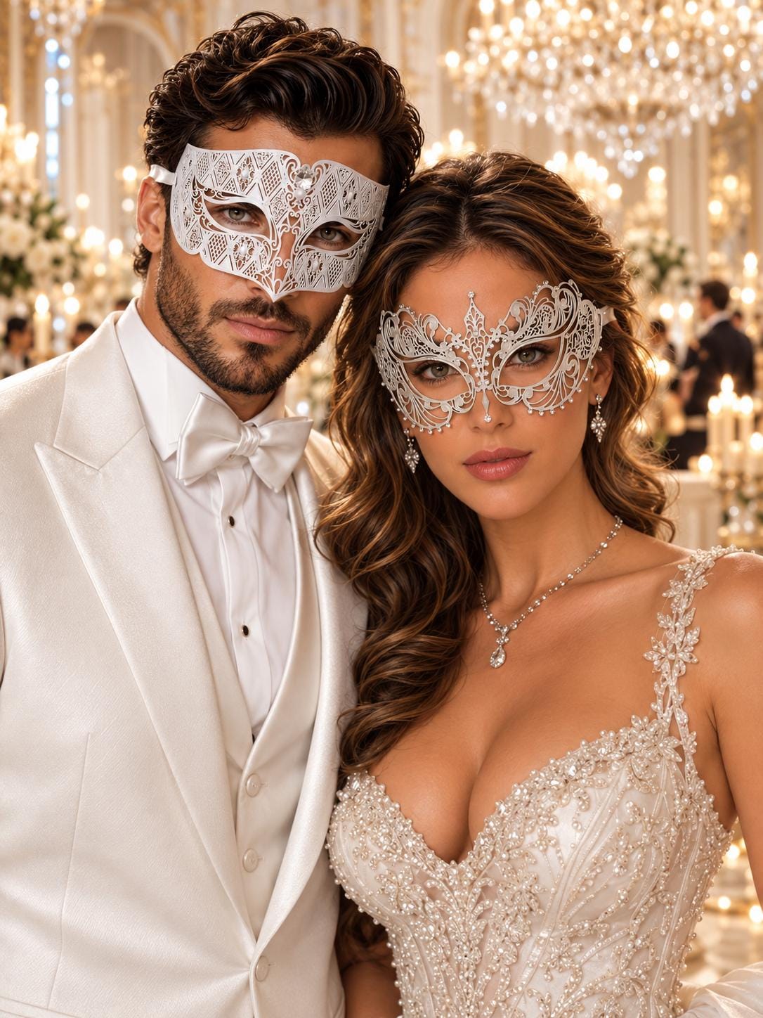 White Clear Stone Diamond Mask for Men & White Rhinestone Metal Mask for Women | Laser Cut Venetian His and Hers Masquerade Set - main image