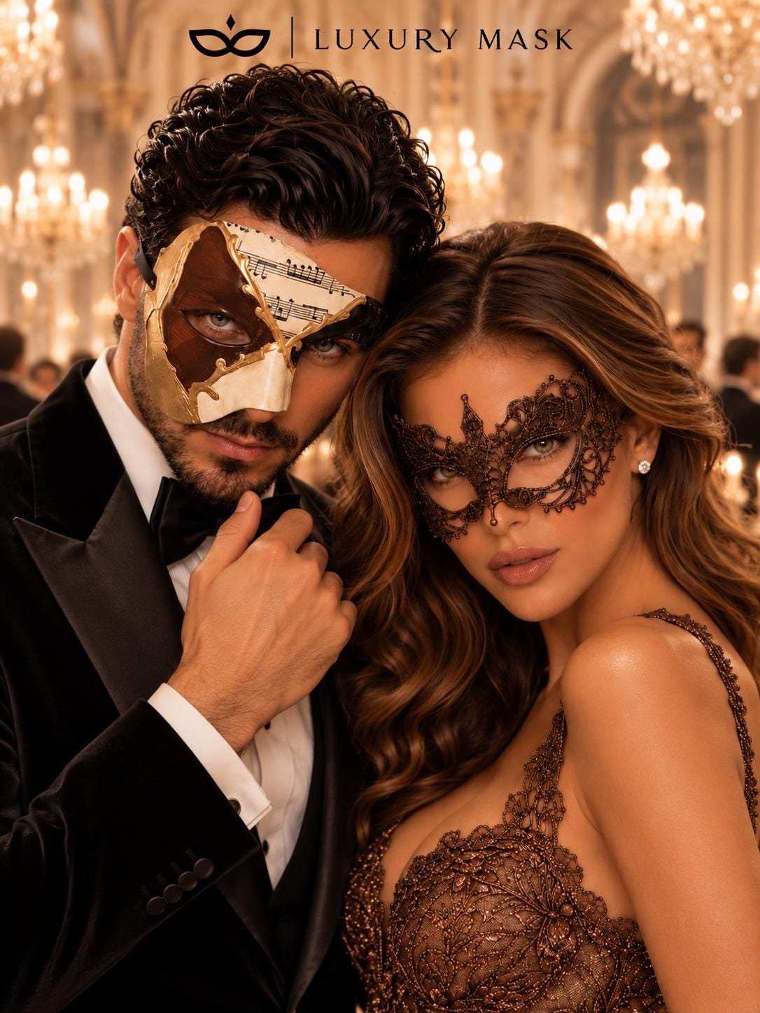 Brown Gold Black Musical Phantom Mask for Men & Mocha Brown Lace Mask for Women | Venetian Opera Masquerade Couple Set - image 3