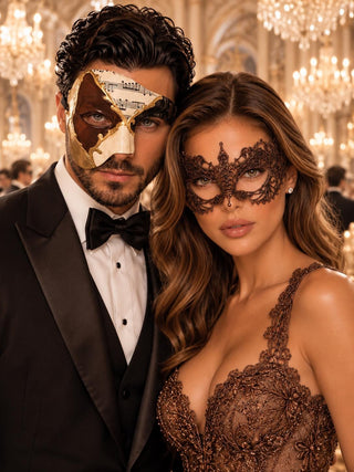 Brown Gold Black Musical Phantom Mask for Men & Mocha Brown Lace Mask for Women | Venetian Opera Masquerade Couple Set - main image