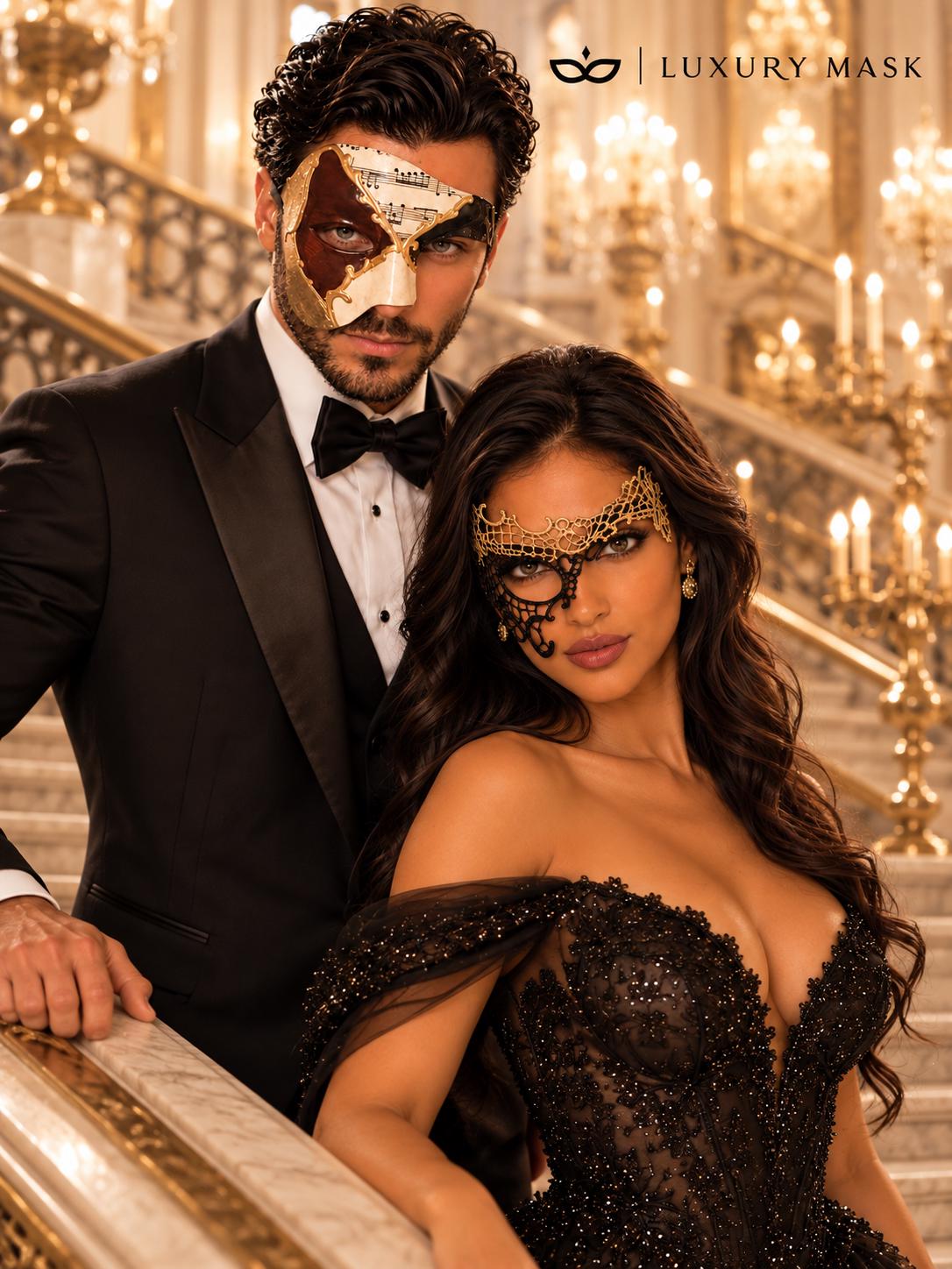 Black Gold Phantom Lace Mask for Women & Brown Gold Black Musical Phantom Mask for Men | Venetian Masquerade Couple Set - image 3