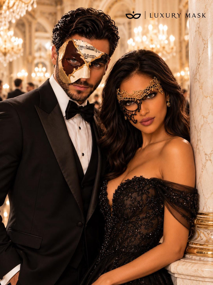 Black Gold Phantom Lace Mask for Women & Brown Gold Black Musical Phantom Mask for Men | Venetian Masquerade Couple Set - image 4