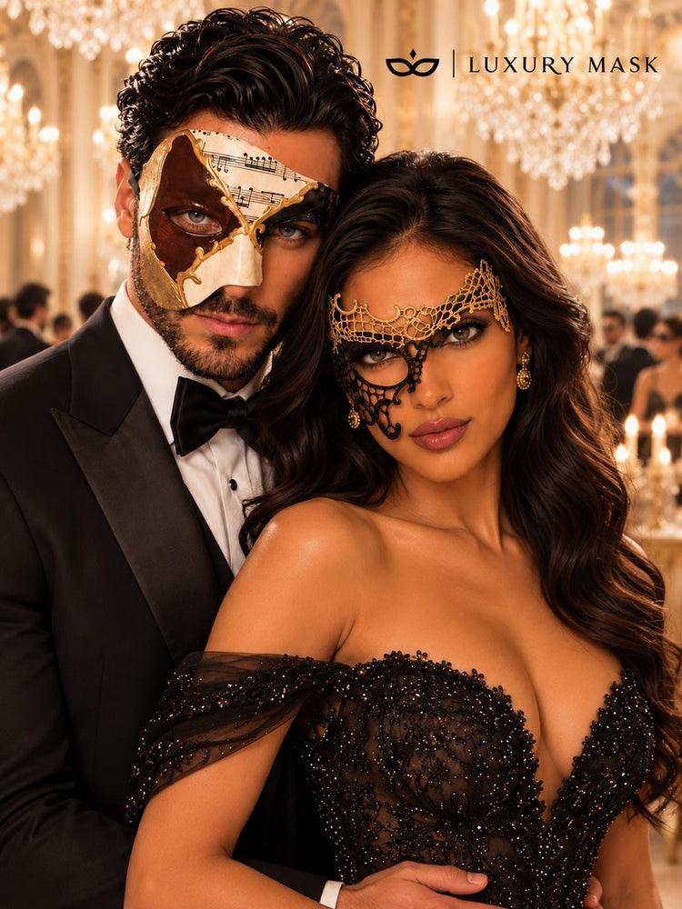 Black Gold Phantom Lace Mask for Women & Brown Gold Black Musical Phantom Mask for Men | Venetian Masquerade Couple Set - image 5