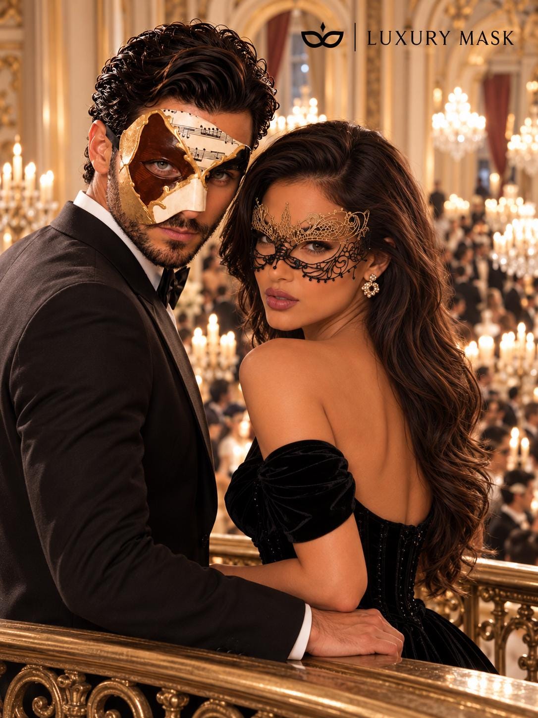 Brown Gold Black Musical Phantom Mask for Men with Black Gold Lace Mask for Women | Venetian Opera Couples Masquerade Set - image 3