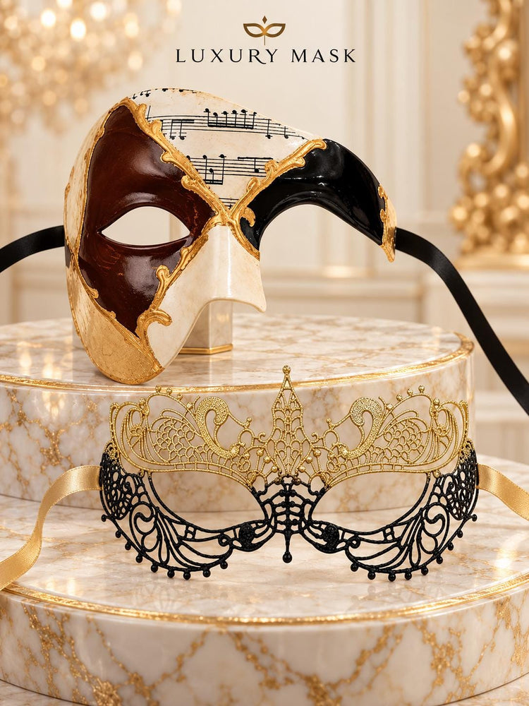 Brown Gold Black Musical Phantom Mask for Men with Black Gold Lace Mask for Women | Venetian Opera Couples Masquerade Set - image 5